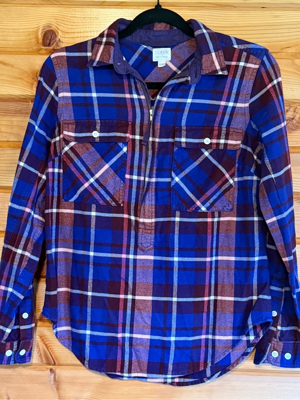 J. Crew Blue & Burgundy Plaid Half Zip Flannel Shirt Size XXS